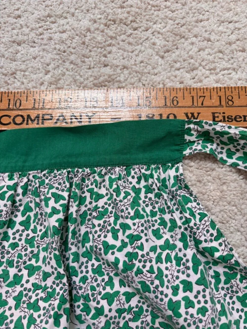 Vintage Green and white floral half apron yellow trim